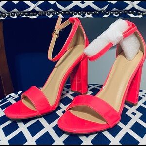 Neon pink chunky ankle strap heels